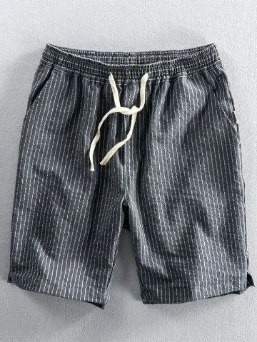 Men's Striped Cotton Linen Drawstring Loose Shorts