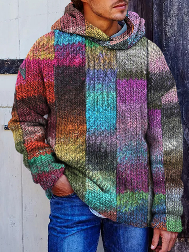 Comstylish Men's Vintage Plaid Colorful Patchwork Cozy Hooded Sweater