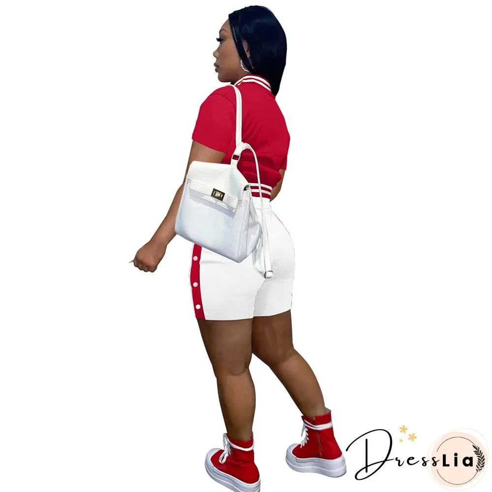 Short Sleeve Button Baseball Jacket and Shorts Set