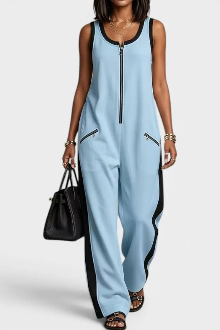Wide-Leg Jumpsuit with Zip Front and Contrast Trim