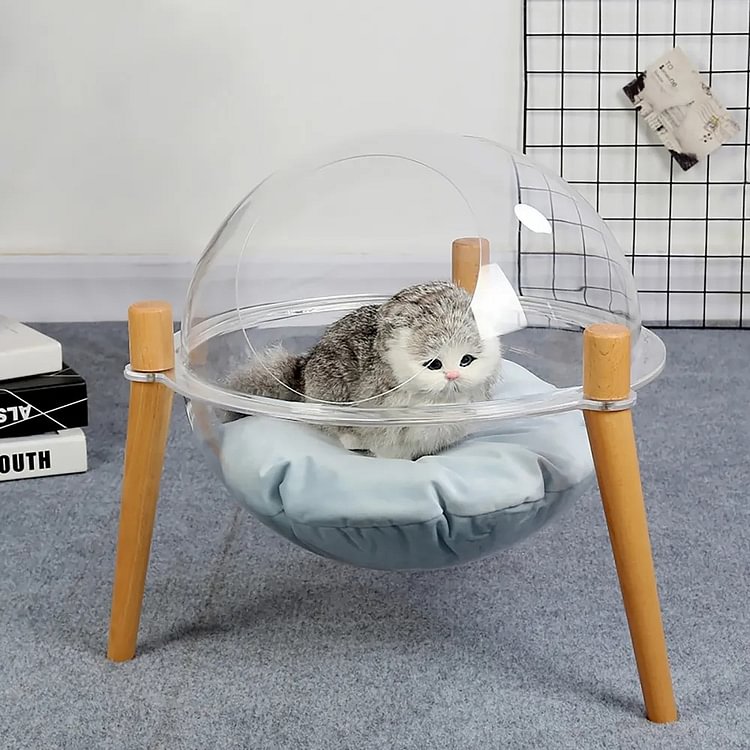 Homemys 16.5" Space Capsule Cat Bed Transparent Round Cat Nest Tripod Solid Wood