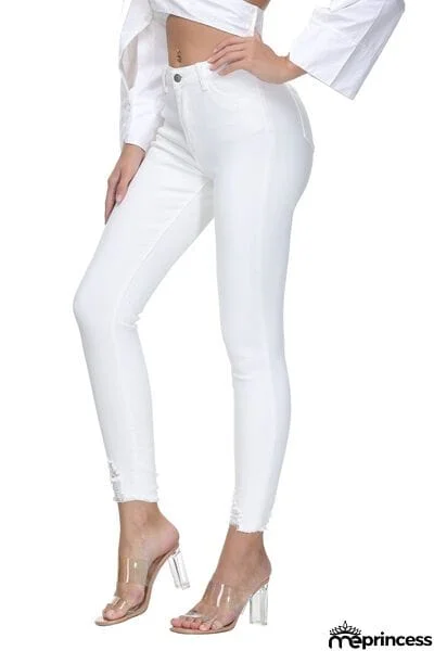 Buttoned Raw Hem Jeans with Pockets