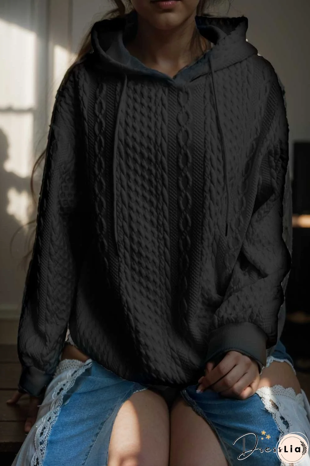 plus size casual hoodie women s plus solid ribbed long sleeve slight stretch hoodie drawstring sweatshirt