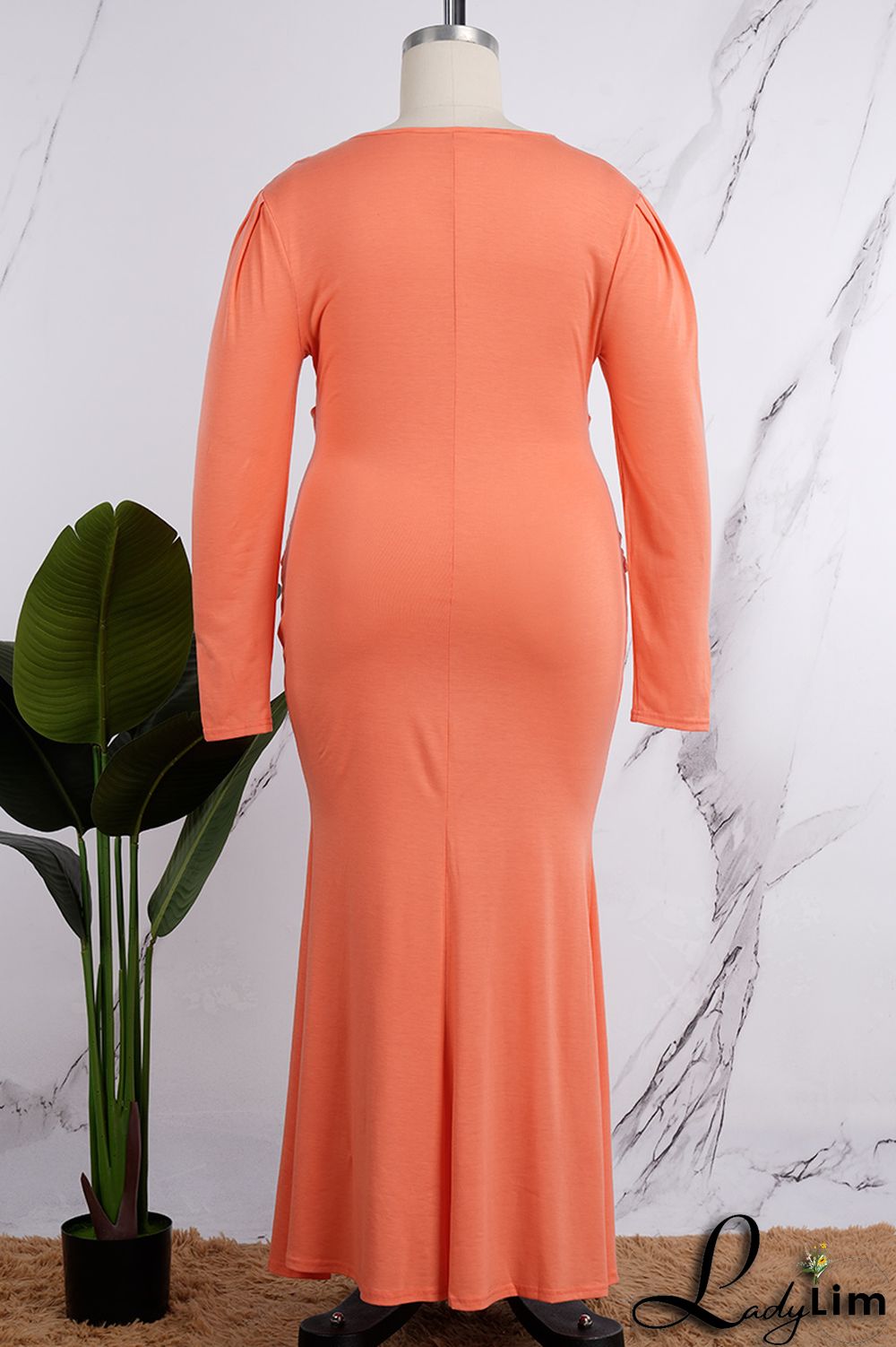 Orange Casual Solid Patchwork V Neck Long Sleeve Plus Size Dresses