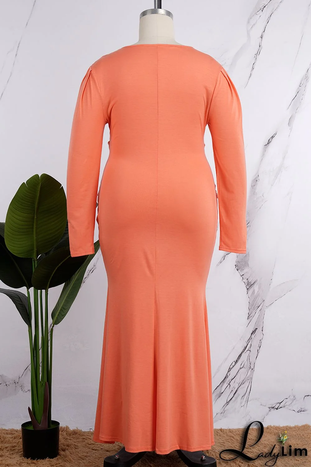 Orange Casual Solid Patchwork V Neck Long Sleeve Plus Size Dresses