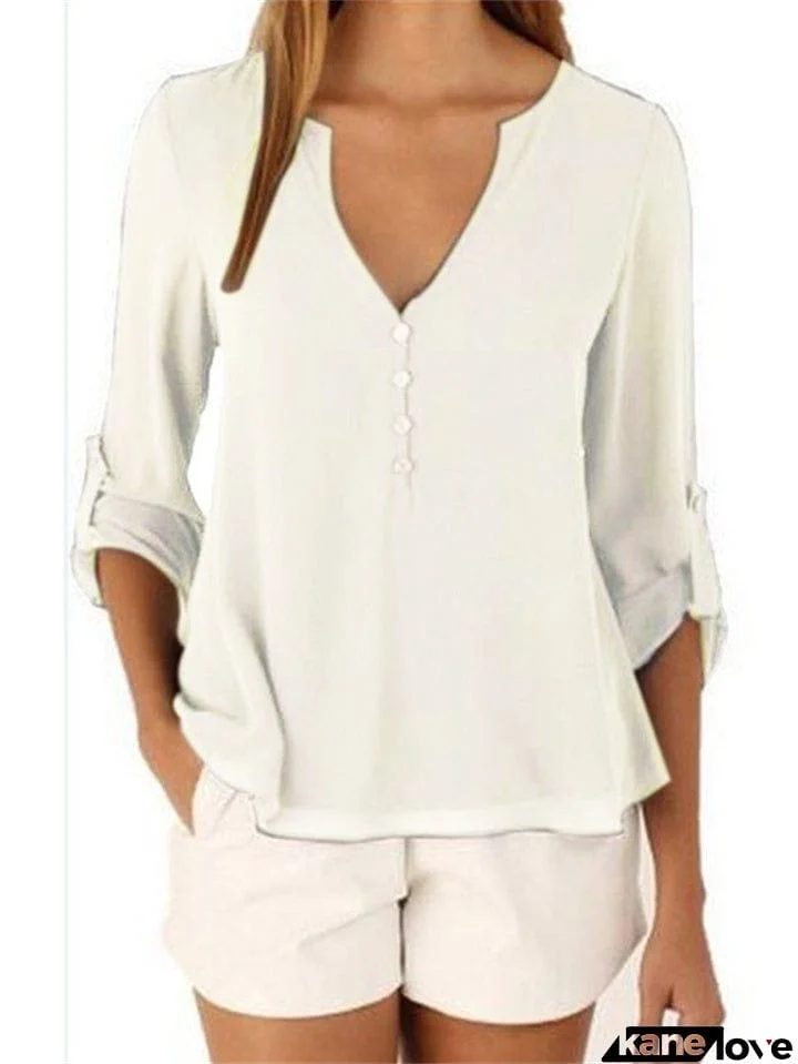 V-Neck Buttoned Chiffon Blouses Plus Size Shirt