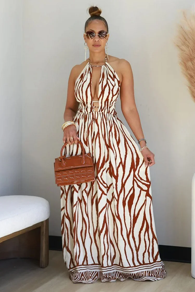 Deep V Halter Backless Boho Print Vacation Maxi Dresses-Brown [Pre Order]