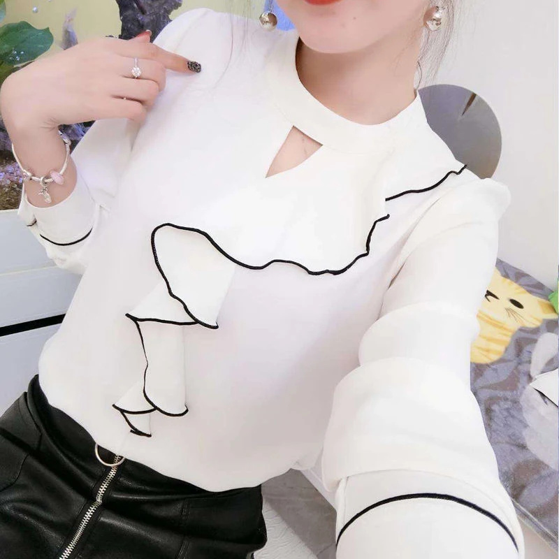Women Spring Summer Style Chiffon Blouses Shirts Lady Casual Long Sleeve Ruffles Decor Stand Collar Chiffon Blusas Tops