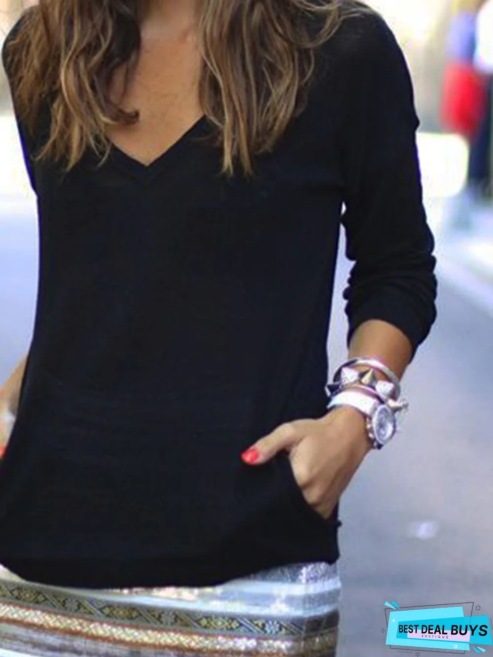 Casual V Neck Cotton Blends Causal Tunic Top