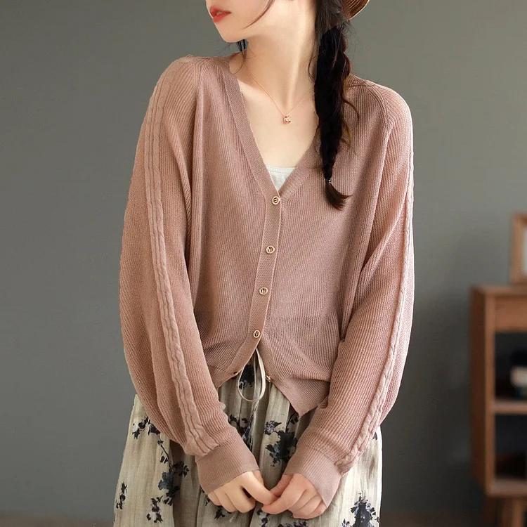 Spring Summer V-Neck Thin Linen Knitted Cardigan