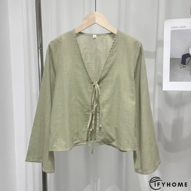 Cotton Line Tops Women Lace Up V-neck Loose Solid Shirts Female 2024 Summer New Long Sleeves Fashion Casual Soft Shirt Lady | IFYHOME