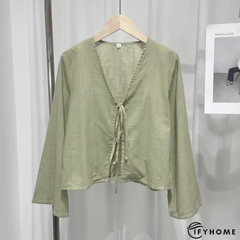 Cotton Line Tops Women Lace Up V-neck Loose Solid Shirts Female 2024 Summer New Long Sleeves Fashion Casual Soft Shirt Lady | IFYHOME