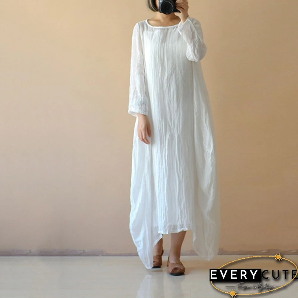 Womens Spring Light Comfy Cotton O Neck Solid Long Sleeve Long Shirt Dress Plus Size