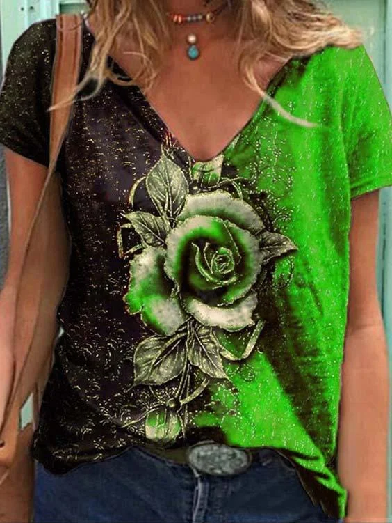 Women's V-neck Short Sleeve Floral Printed Tops