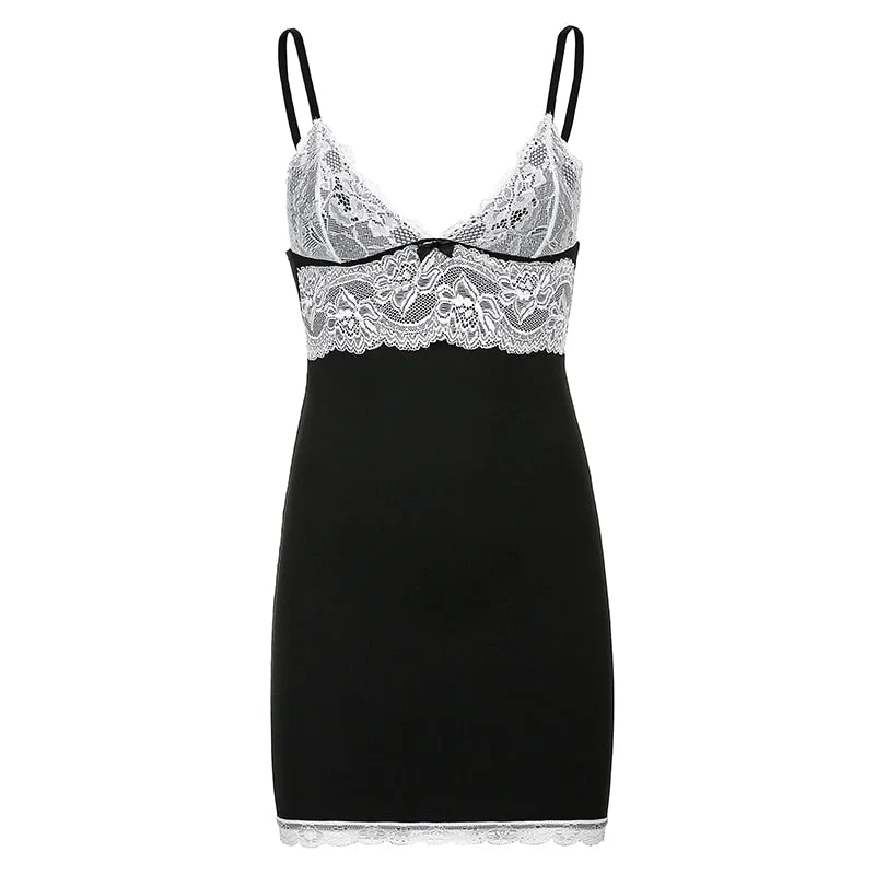HEYounGIRL V Neck Patchwork White Lace Sleeveless Mini Dress Summer Sexy Bodycon Short Dresses Women Skinny Party Club 90s