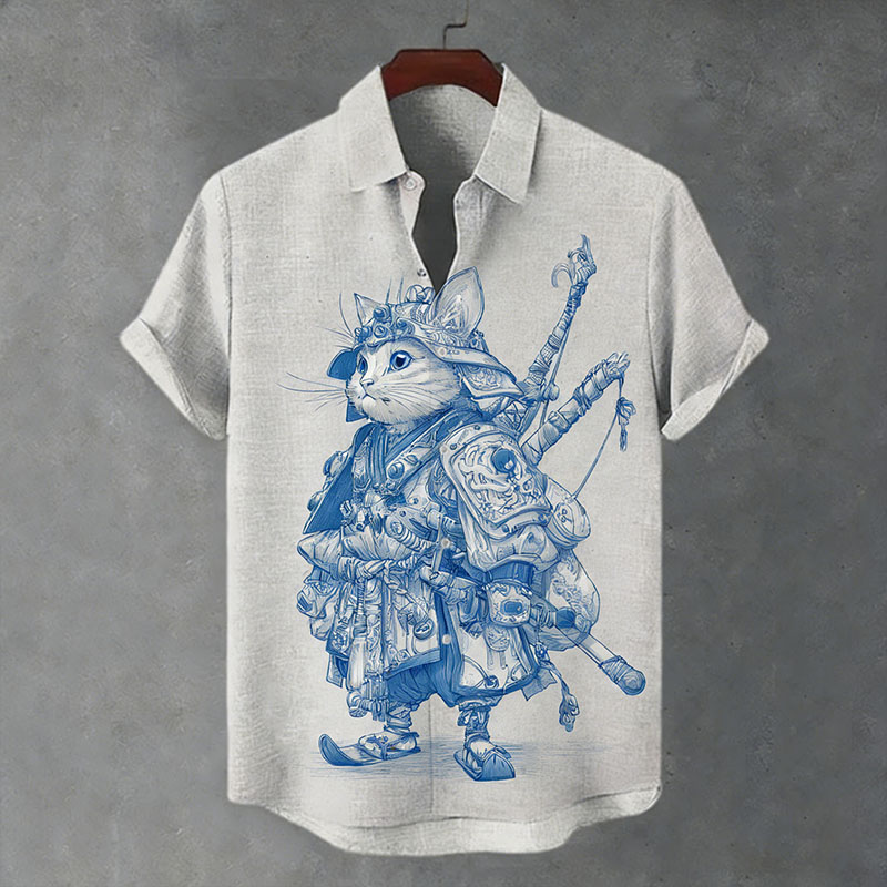 Men's Japanese-style Artistic Cat Print Short-sleeved Shirt  artssus