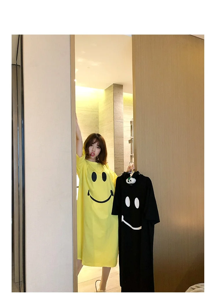 Sleepwears Happy Smile Face Pattern O Neck Short Sleeves Home Plus Size Cotton  Nightowns for Women One Piece Sleepshirts
