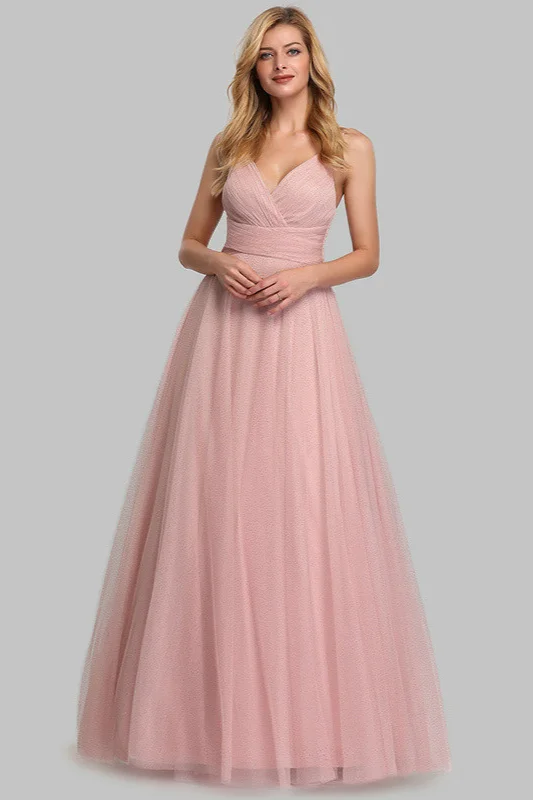 Beautiful Pink V-Neck Sleevelss Tulle Evening Prom Dress