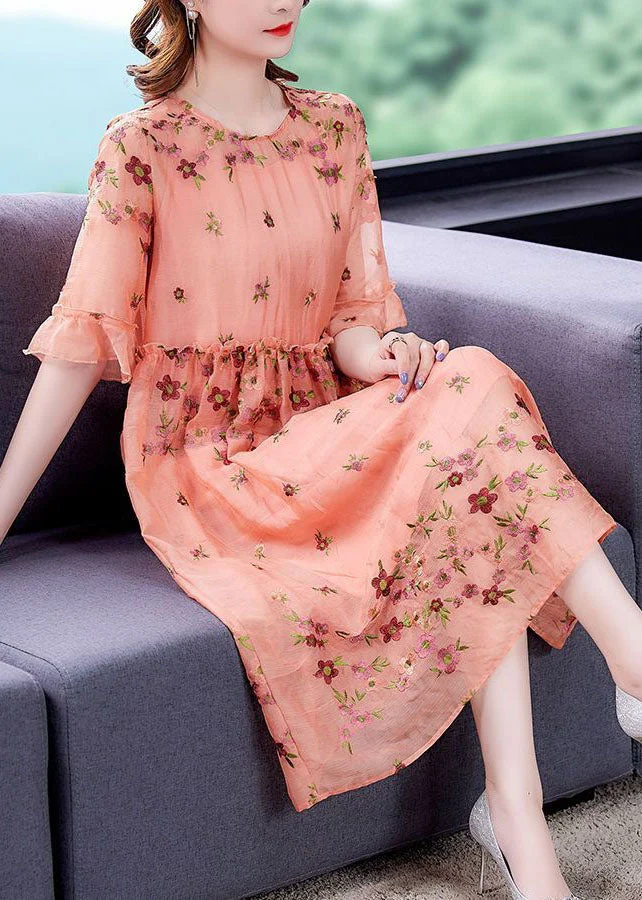 Italian Orange O-Neck Embroideried Ruffled Silk Vacation Dresses Summer