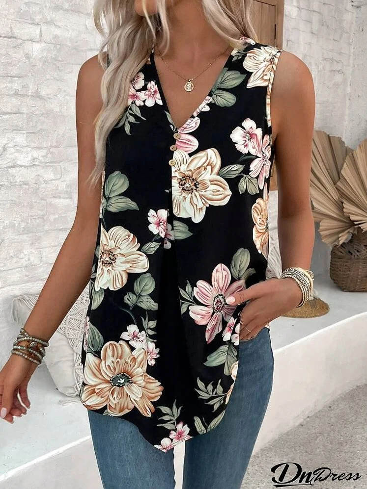 Women's Vacation Irregular Hem Flower Printed V-Neck Sleeveless Shirt