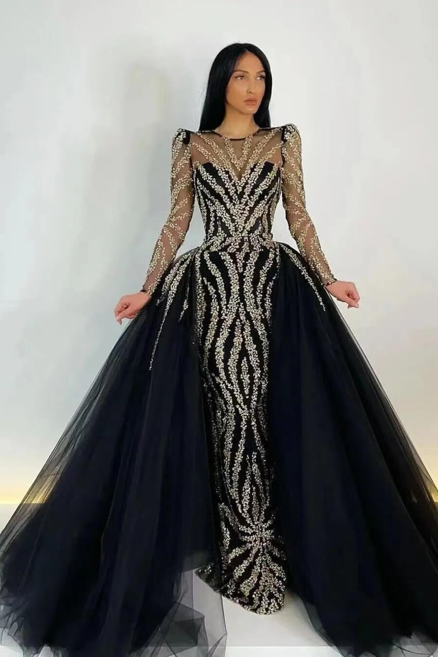 Black Long Sleeves Mermaid Appliques Prom Dress With Detachable Ruffles ED0180
