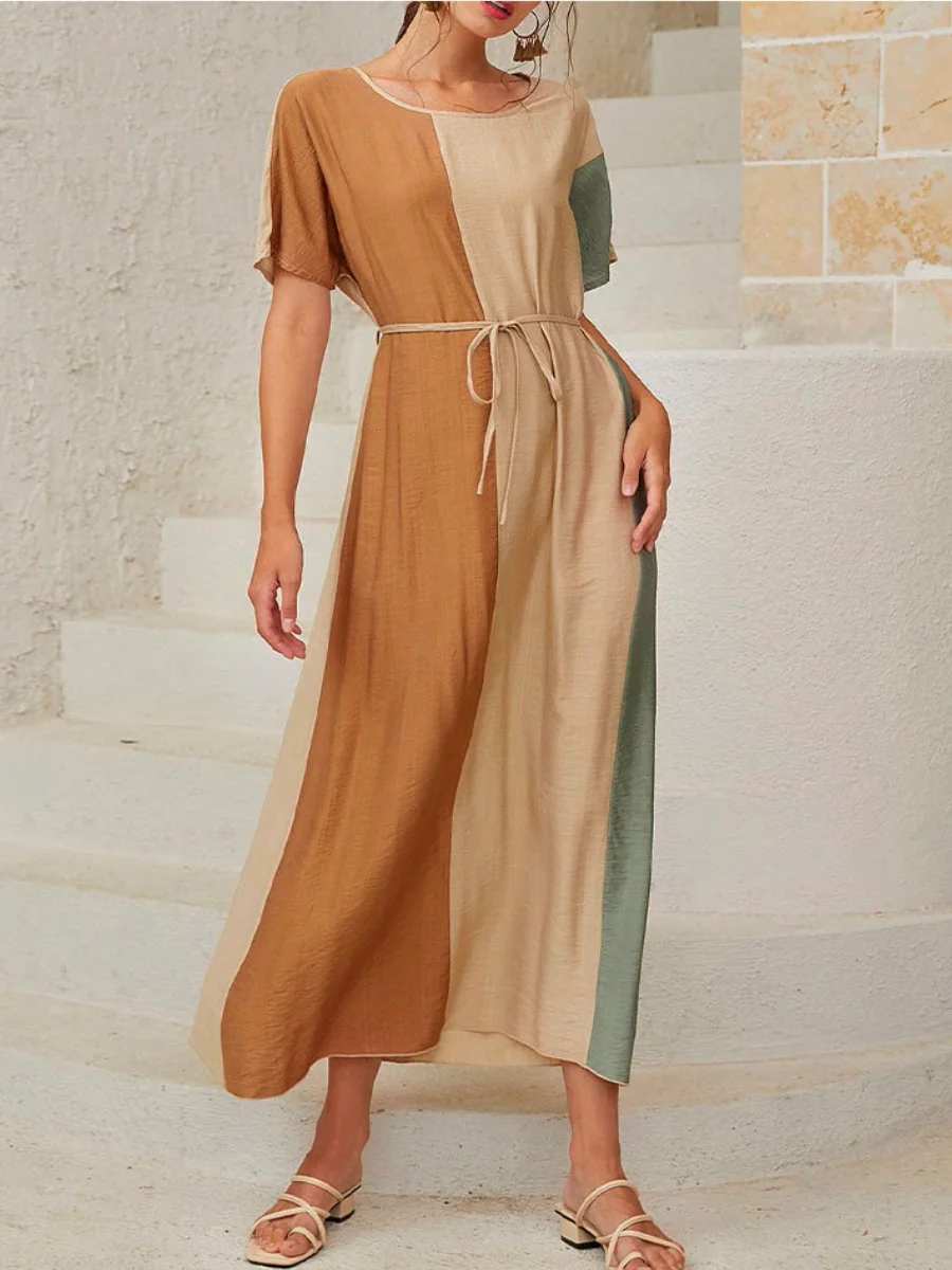 Color Block Loosen Round Collar Dress