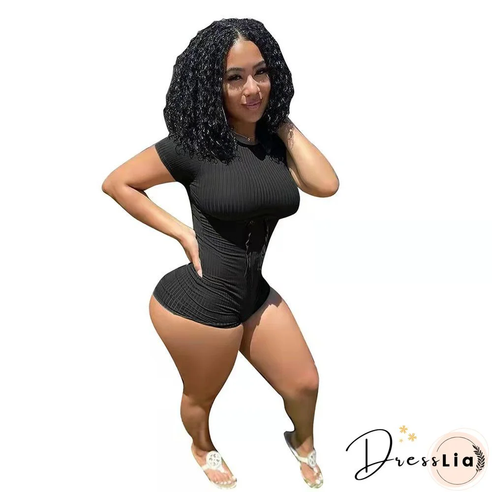Solid Short Sleeve O Neck Bodycon Sporty Rompers