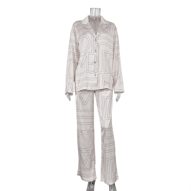 Ootddress Casual Patchwork Printed 2 Piece-Set For Women Trousers Fashion Lapel Shirts Nightwear Slim High Waist Women's Pants Sets