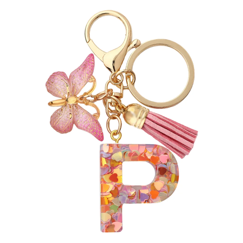 Resin Initial Letter Keychains Alphabet Letter Keychain Pink Tassel Butterfly Key Ring