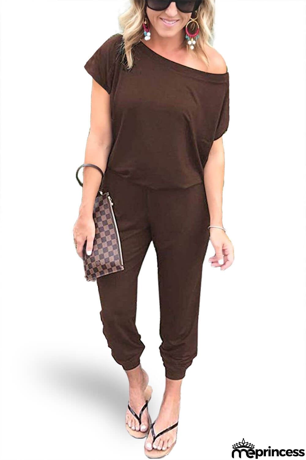 Women's Loose Fit Off Shoulder Jumpsuit Rompers with Pockets