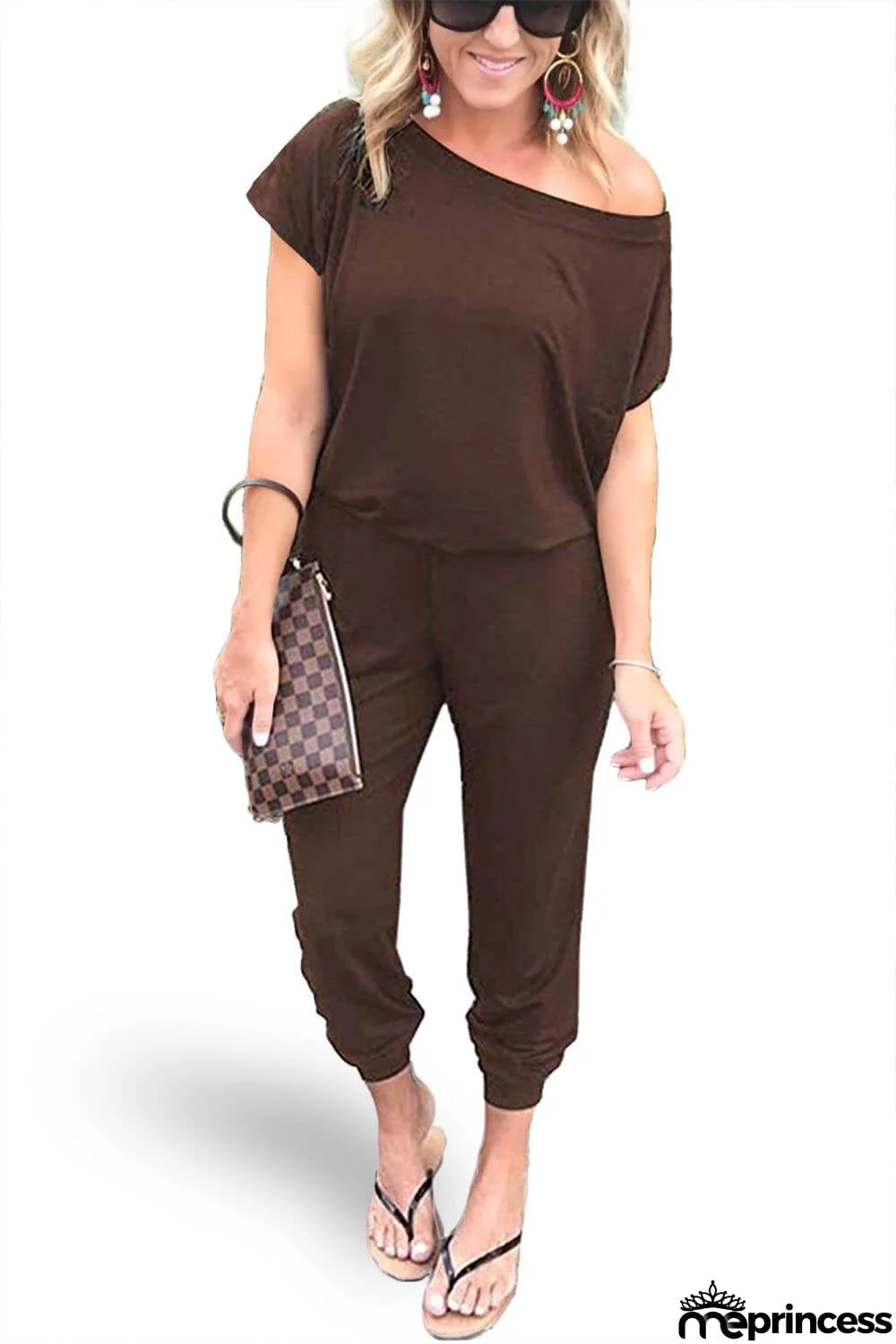 Women's Loose Fit Off Shoulder Jumpsuit Rompers with Pockets