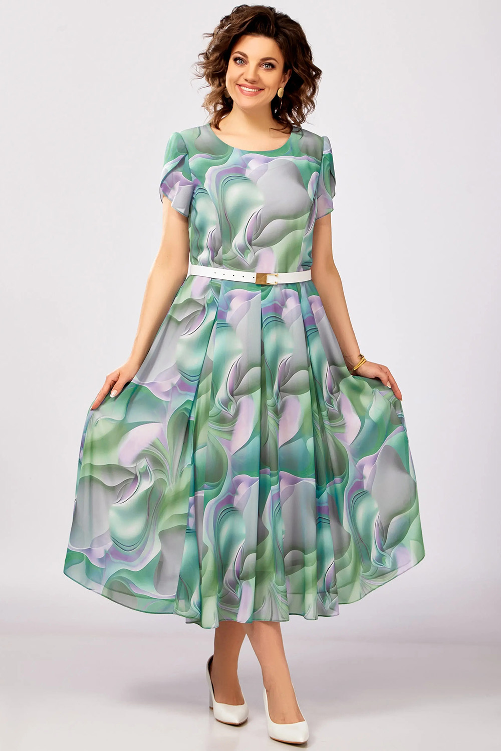 Plus Size Vacation Green Abstract Print Belt Midi Dress 2024 - Flycurvy 