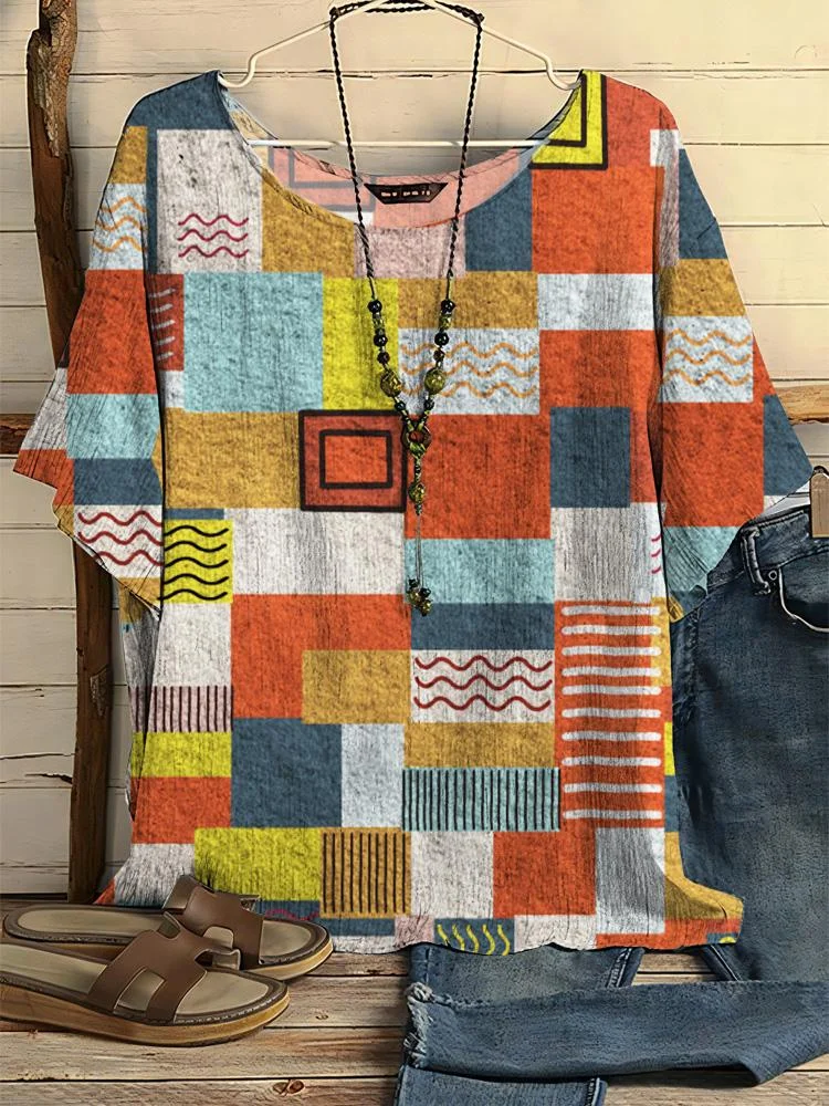 Women's Colorful Plaid Print Round Neck Half-sleeve T-shirt