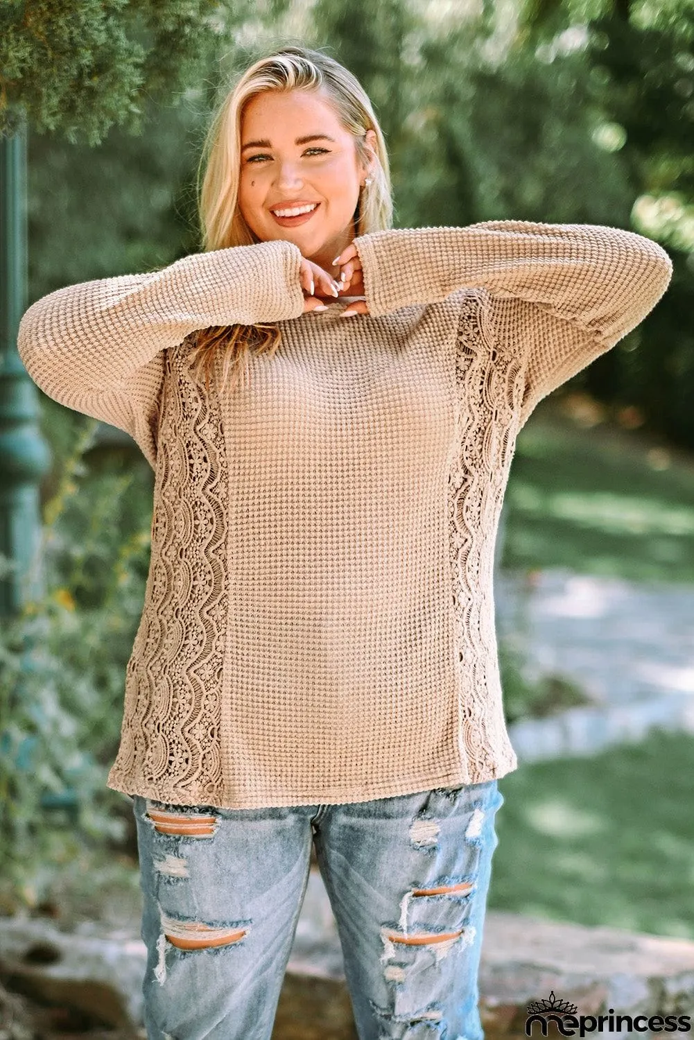 Plus Size Waffle-Knit Spliced Lace Top