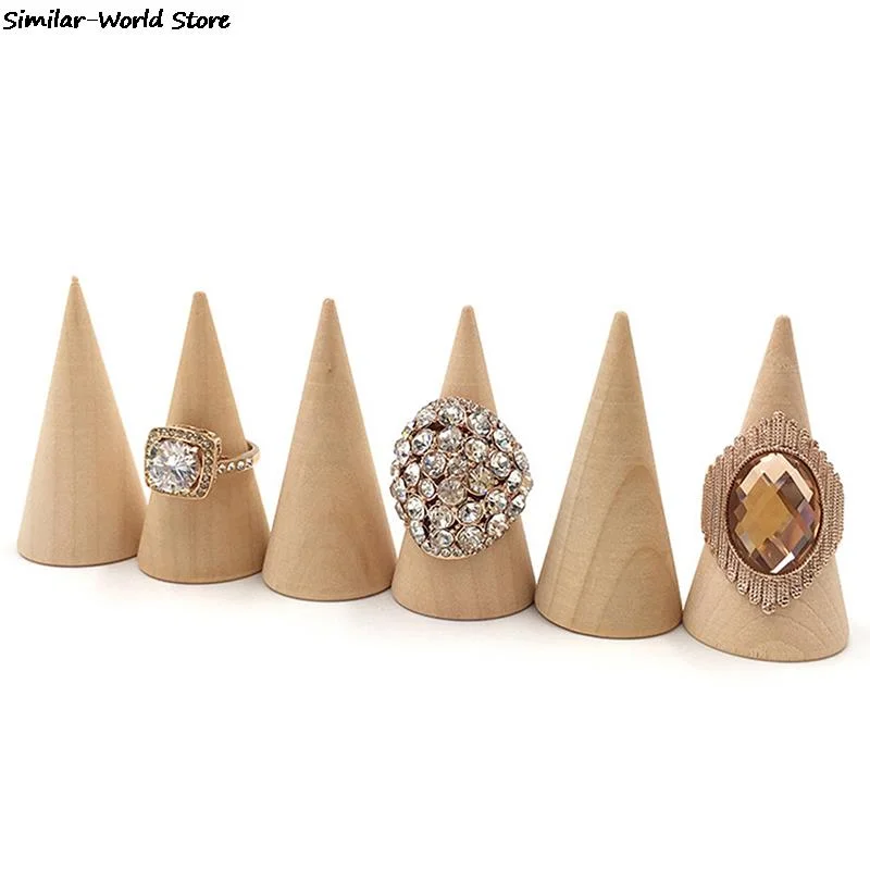 1PCS Ring Holder Vintage Natural Unpainted Wood Finger Cone Jewelry Display Stand Organizer Storage Rack Showcase For Exhibit