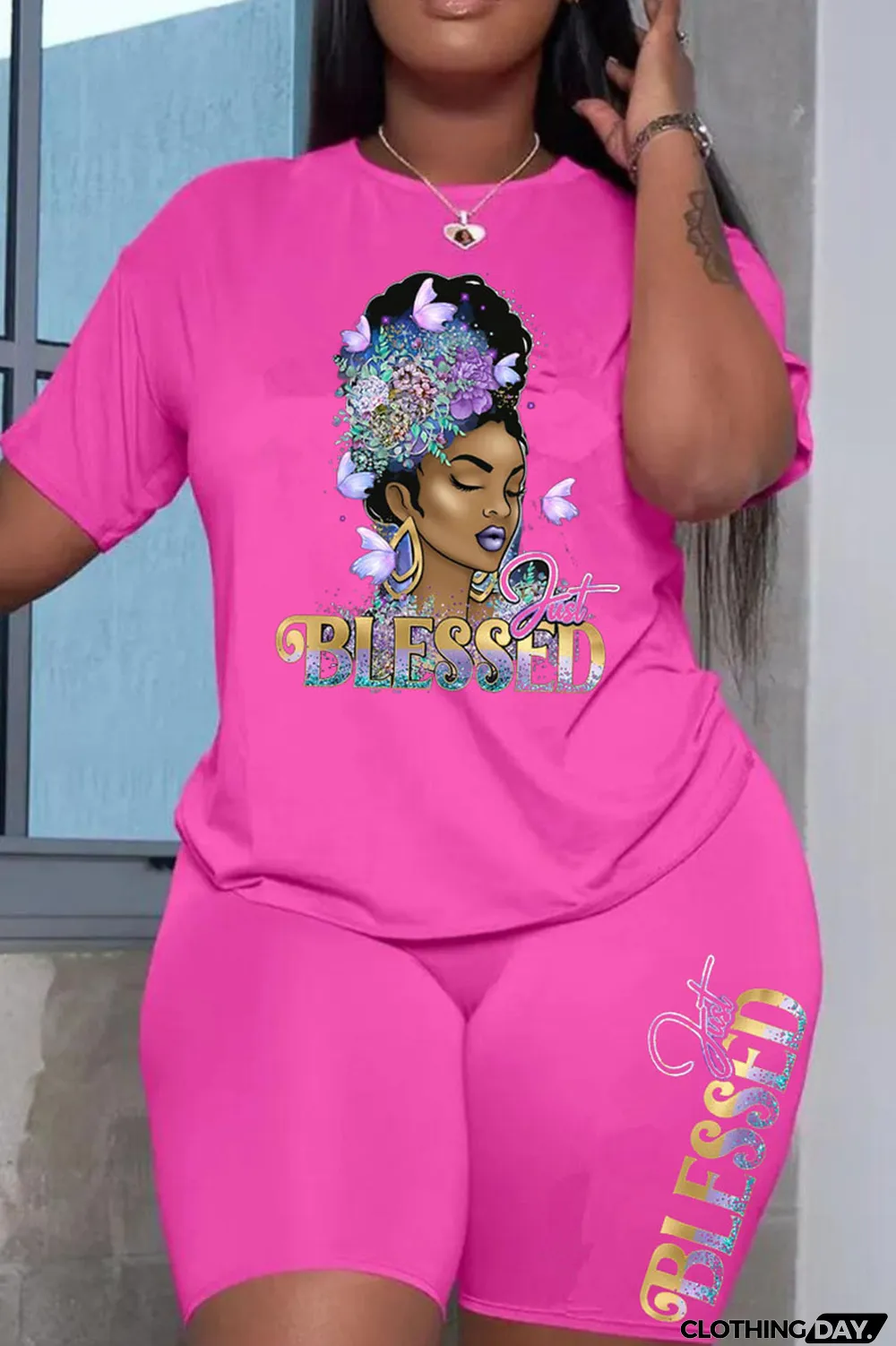 Burgundy Fashion Casual Print Patchwork O Neck Short Sleeve Plus Size Two Pieces