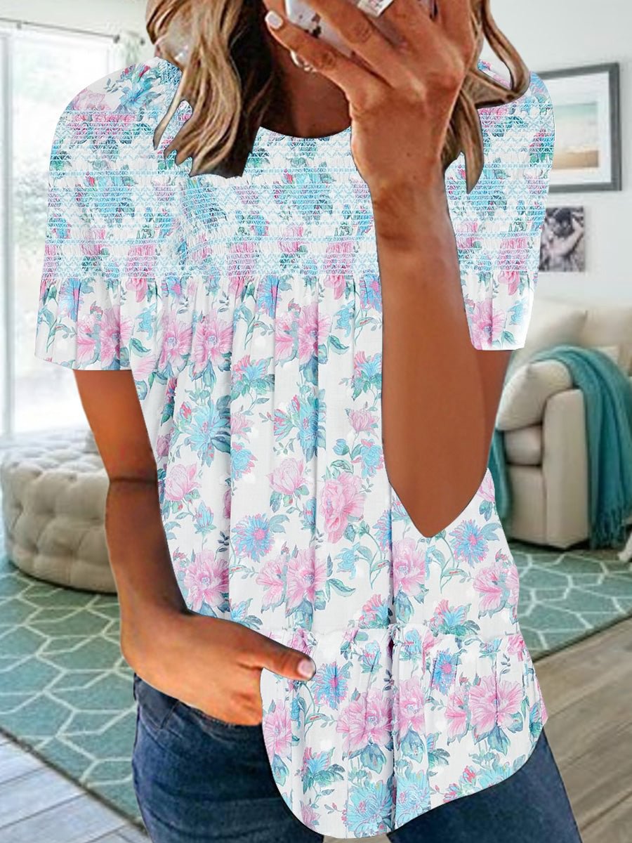 Women Blue Short Sleeve Scoop Neck Printed Top