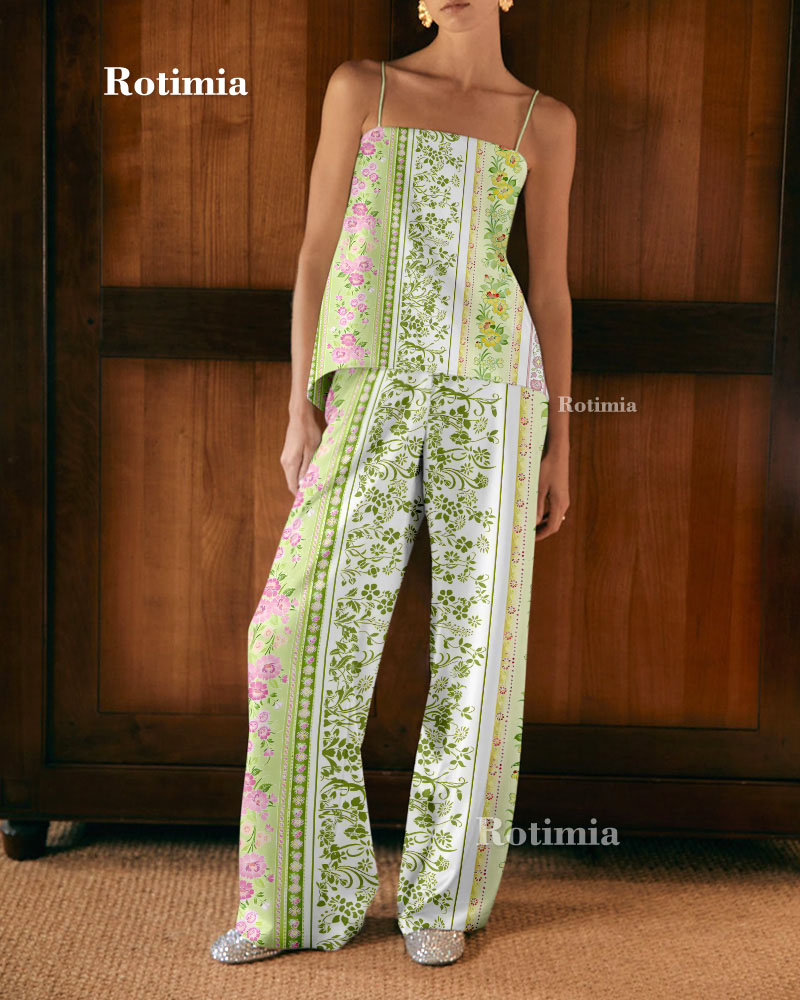 Vintage Flowers Print Suspenders & Pants Two Piece Set