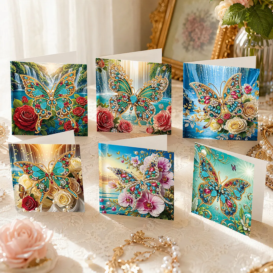 6pcs Jewel Butterfly DIY Diamond Painting Greeting Card Kits with Envelopes Diamond Art Greeting Cards Diamond Art Cards Kits for Adults DIY Crafts Family Friend Gifts