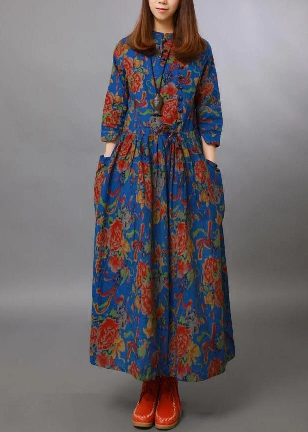 Unique Blue peony Tunic Stand Collar Half Sleeve Maxi Spring Dresses