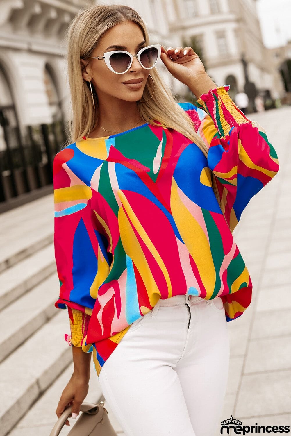Printed Round Neck Smocked Wrist Lantern Sleeve Blouse
