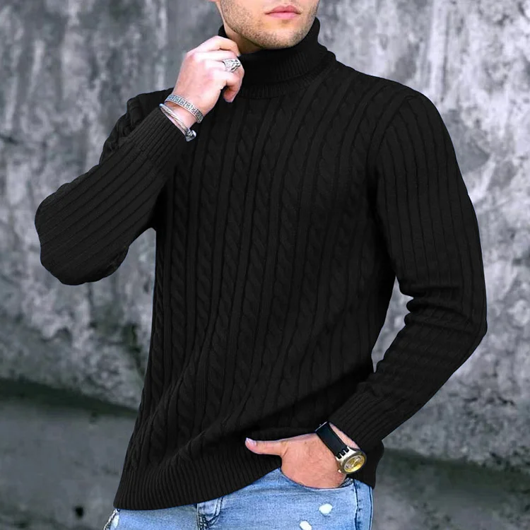 Utbros Men's Solid Color Warm High Neck Knitting Sweater