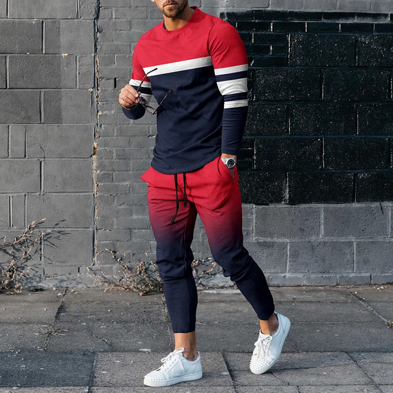 Striped Contrast Print Gradient T-Shirt And Pants Co-Ord