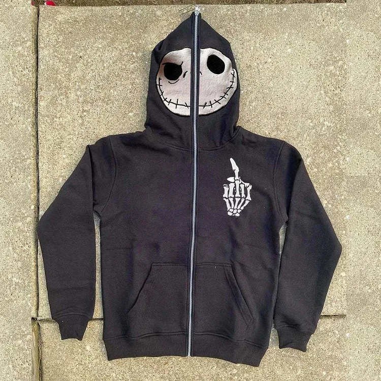 Hip Hop Goth Skull Smiley Finger Print Full Zip Up Hoodie at Hiphopee