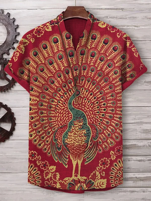 Men's Vintage Peacock Flower Pattern Art Print V Neck T-Shirt