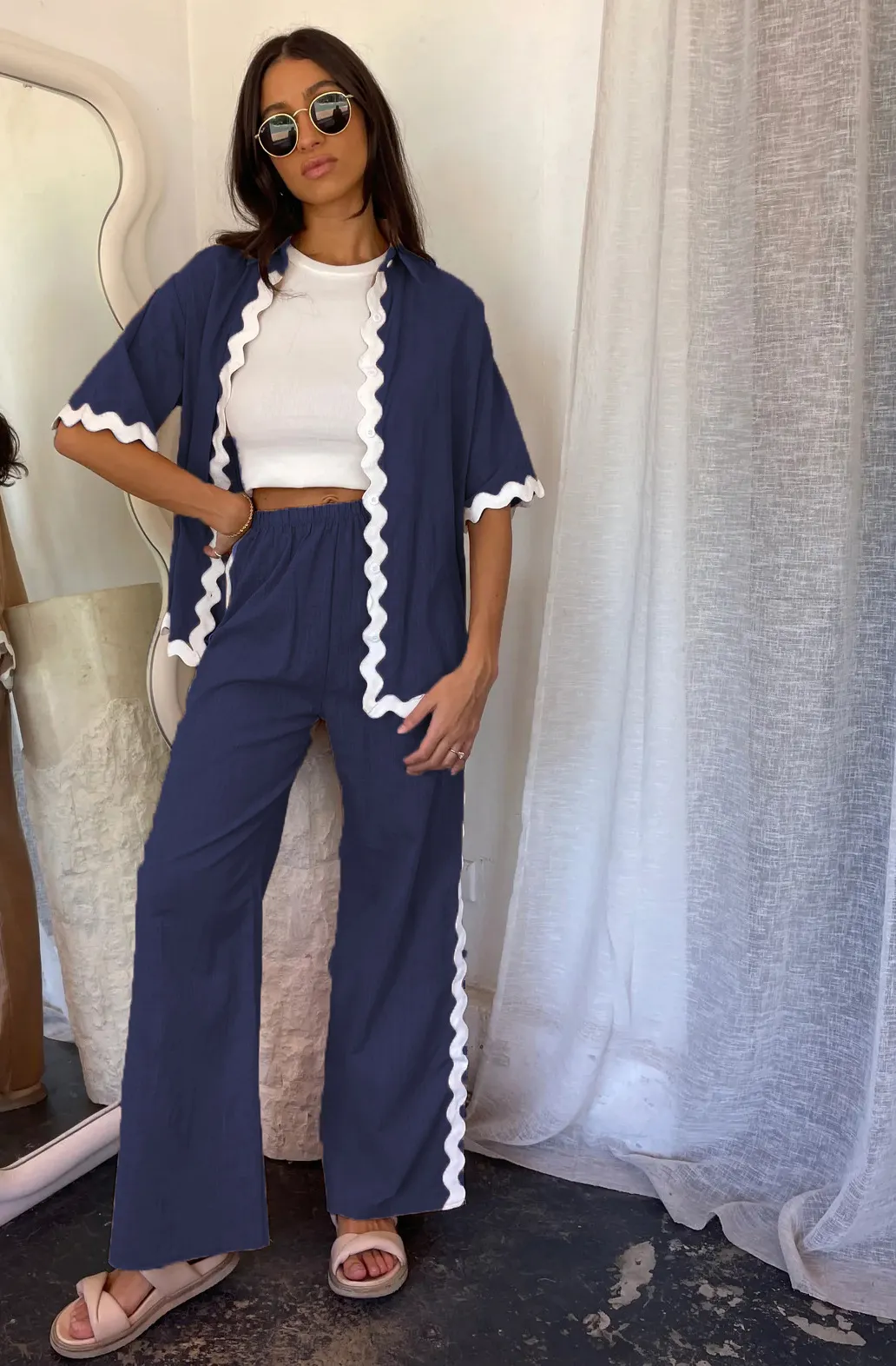 Brownm Brownm Spring And Summer New Comfortable Casual Single Breasted Lace Splicing Trousers Shirt Coat 88231