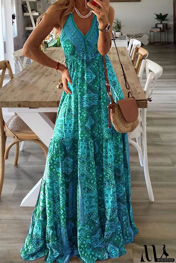 MidiSono - Celeste Boho Printed Strap Elastic Waist Maxi Dresses