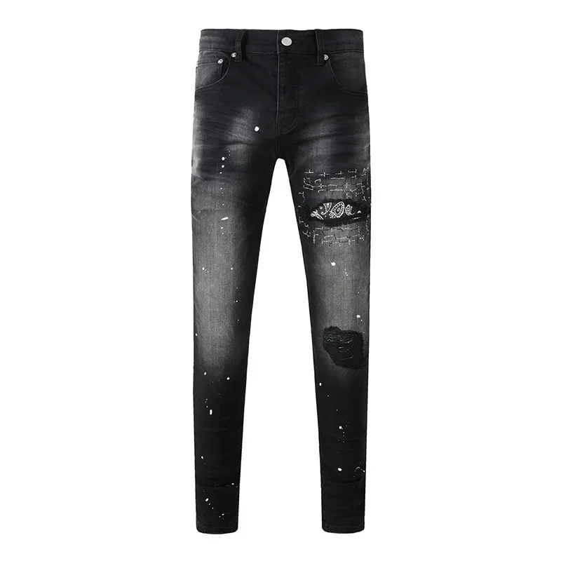 Bonushow High Quality Purples jeans Men Distressed Black Stretch Skinny Brand Graffiti Destroyed Holes Bandanna Patchwork Ripped Jeans
