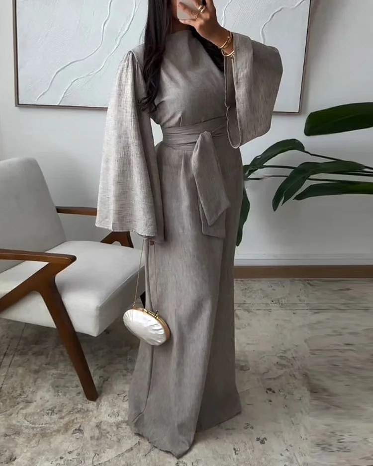 Round neck solid color tie dress