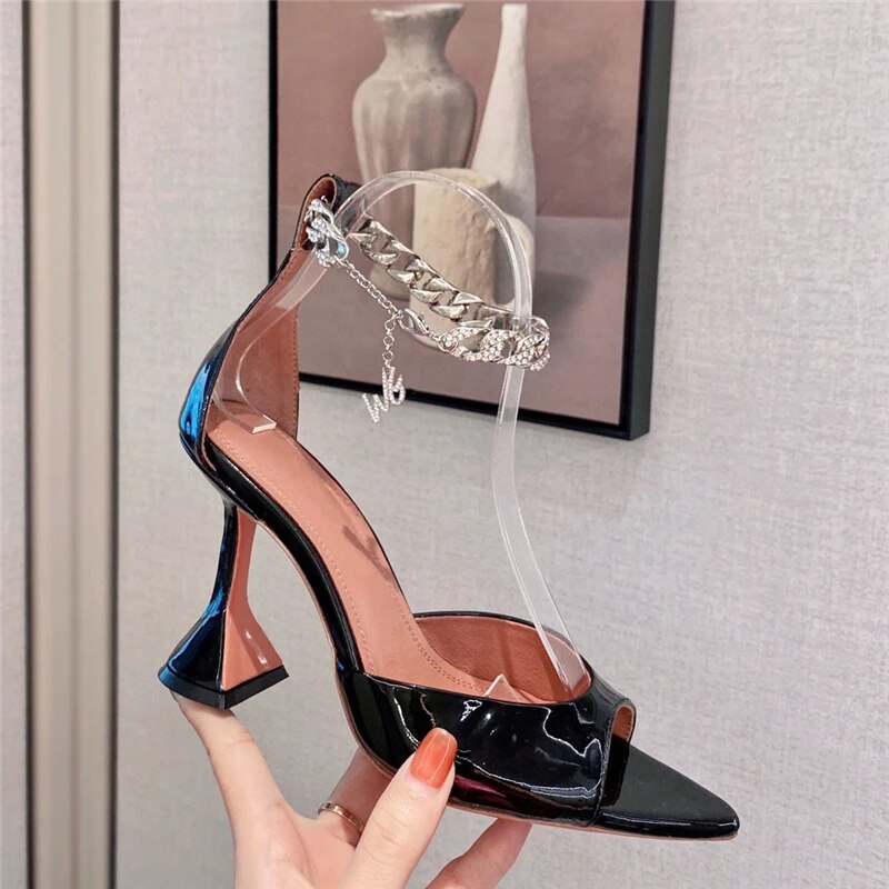 VCSHOES Point Peep Toe Goblet Heel Sandals Women Ankle Strap Crystal Chains Decor Patent Leather Party Shoes